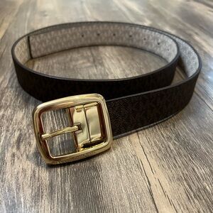 Michael Kors Monogram Logo Reversible Leather Belt MK Gold Hardware Designer 43”